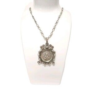 Antique Madonna w Jesus Pendant Medallion Necklace Sterling Religious Victorian